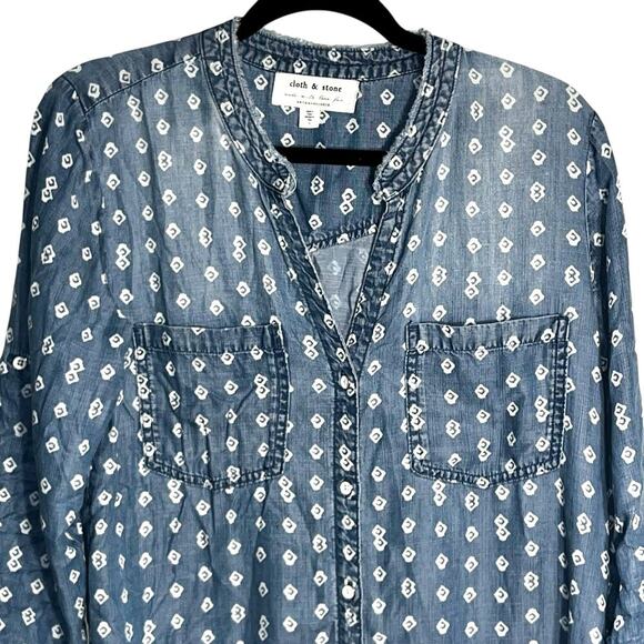 Cloth & Stone Anthropologie Chambray Print Button Down Tunic Shirt Dress Small - Picture 2 of 9